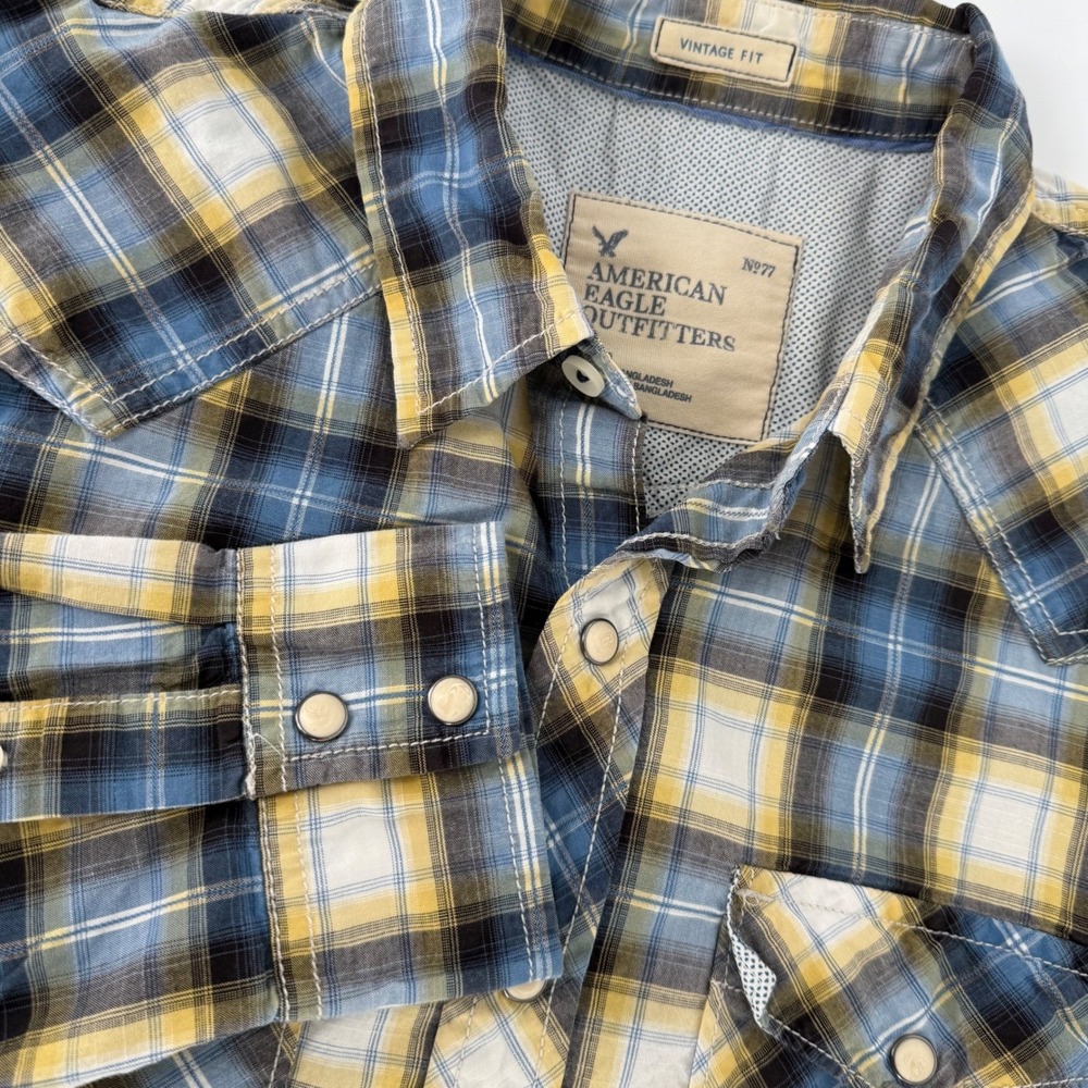 American Eagle Outfitters Men Plaid Pearl Snap Shirt Med Vintage Fit Blue Yellow